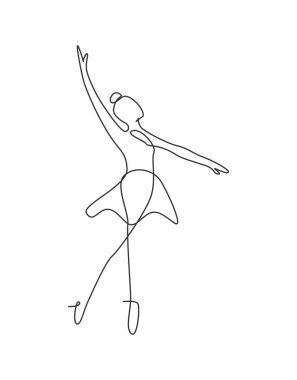 Tek sıra halinde balerin hareketli dans tarzında dans ediyor. Güzellik minimalist dansçı konsepti logosu, İskandinav poster baskı sanatı. Bir satır tasarım grafik vektör illüstrasyonu