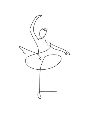 Güzellik dansçısının zarif hareketlerini gösteren kesintisiz bir çizgi. Seksi kız balerin sanat dansı konseptini icra ediyor. Duvar dekoru baskısı. Dinamik tek çizgi tasarım vektörü grafik çizimi