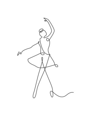 Seksi kadın balerin illüstrasyonu çizen tek bir çizgi. Minimalist, güzel balerin, dans hareketi konsepti. Duvar dekoru poster baskısı. Modern sürekli çizgi çizimi grafik tasarımı