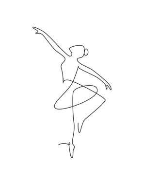 Single continuous line drawing ballerina in ballet motion dance style. Beauty minimalist dancer concept logo, Scandinavian poster print art. Trendy one line draw design graphic vector illustration clipart