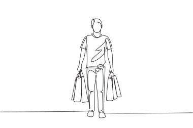 Alışveriş merkezinden kişisel ihtiyaçlarını aldıktan sonra elinde kağıt torbalarla gezen mutlu bir gencin çizdiği tek sıra. İş alışverişi kavramı. Bir çizgi çizimi vektör grafik tasarımı illüstrasyonu