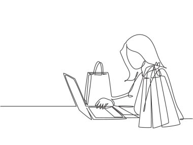 Tek bir çizgi, çevrimiçi dükkandan kozmetik, makyaj ve moda ürünleri alan genç ve mutlu bir kadın çiziyor. Online alışveriş e-ticaret konsepti. Devamlı çizim tasarımı illüstrasyonu