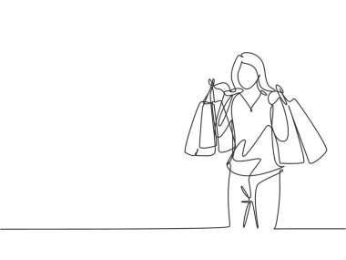 Tek bir çizgi, alışveriş merkezinde elbise, moda, makyaj malzemesi aldıktan sonra elinde kağıt torbalarla genç ve mutlu bir kadın çiziyor. Ticari perakende alışveriş konsepti. Devamlı çizim tasarımı illüstrasyonu