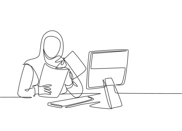 Eine Durchgehende Zeichnung Einer Jungen Muslimischen Geschäftsfrau Bereitet Dokumente Für — Stockvektor