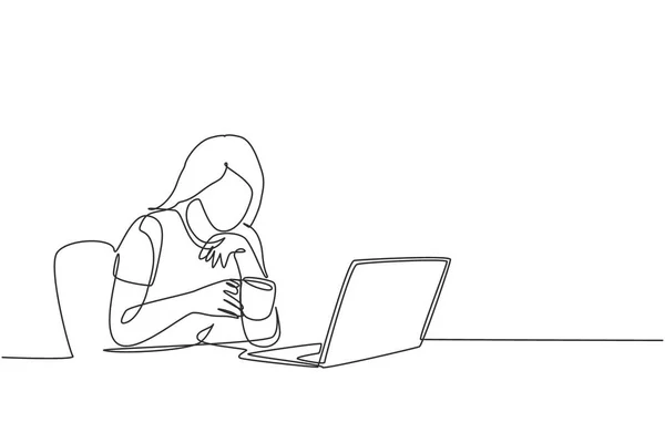 Enda Linje Ritning Unga Kvinnliga Anställda Stirrar Laptop Och Tänker — Stock vektor