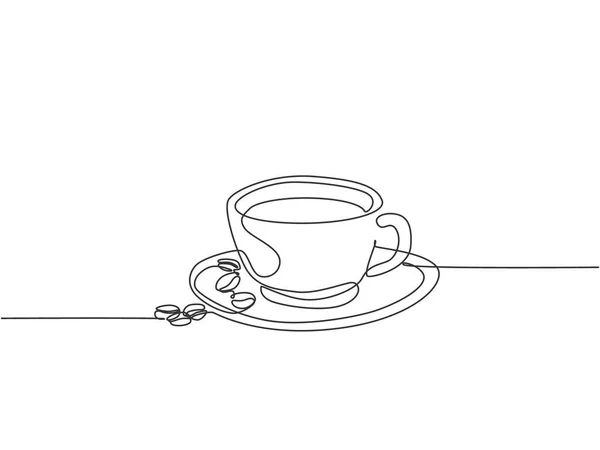 セラミックコースターやテーブルの上にコーヒー豆とコーヒードリンクのカップのシングル連続線画 コーヒーショップのコーヒードリンクコンセプトディスプレイ 1線画のデザインイラスト — ストックベクタ