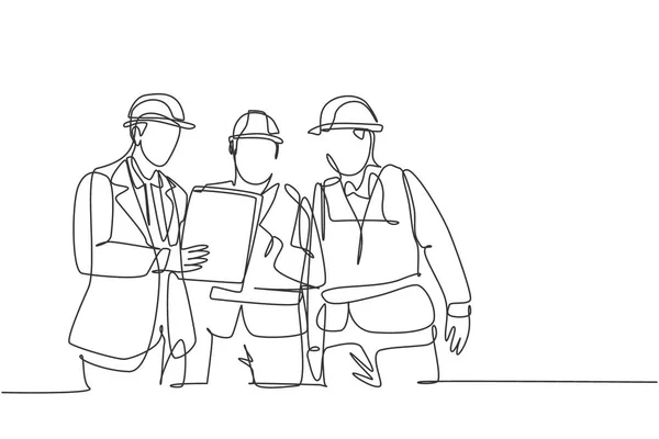 One Continuous Line Drawing Young Managers Explaining Short Brief Construction — Stock Vector