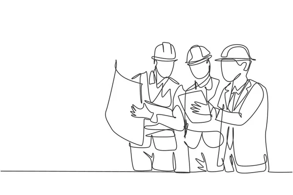 在建筑工地举行的年轻建筑师 经理和工程师会议的连续线条绘图 建筑商业概念 单行绘图设计图 — 图库矢量图片