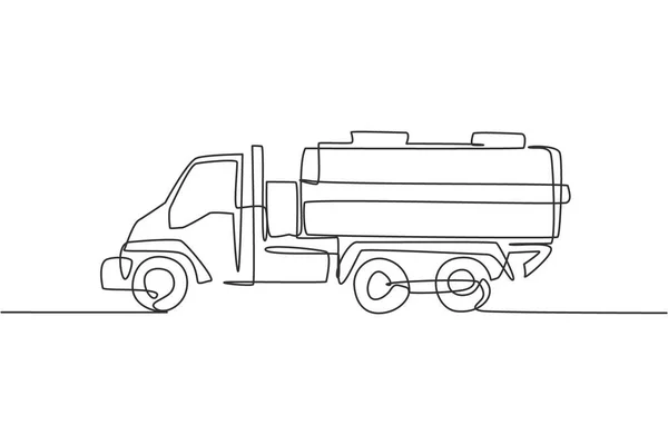 Single Continuous Line Drawing Tanker Truck Delivering Gasoline Gas Station — Stock Vector