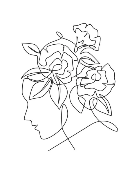 Uma Linha Contínua Arte Desenho Retrato Mulher Minimalista Com Flores — Vetor de Stock
