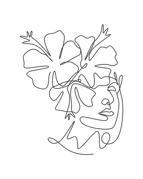 Eine Einzige Linie Zeichnet Schönheit Abstraktes Gesicht Mit Natürlichen Blumen — Stockvektor