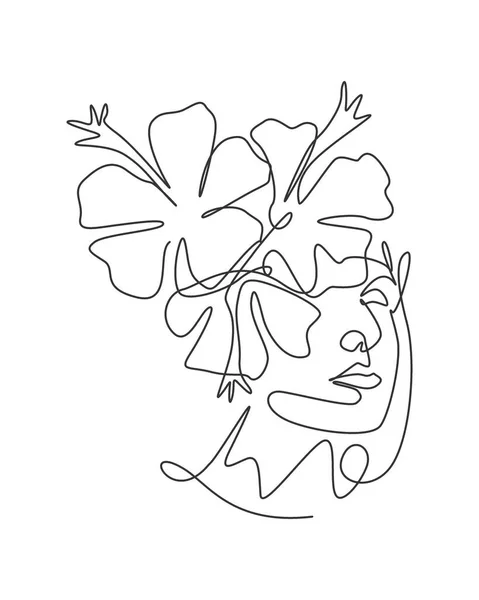 Une Seule Ligne Dessin Beauté Visage Abstrait Avec Des Fleurs — Image vectorielle