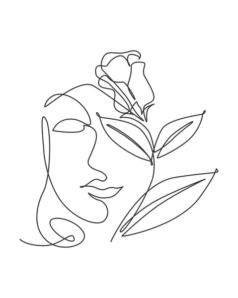 Una Sola Línea Continua Dibujando Bonita Cara Mujer Con Flores — Vector de stock