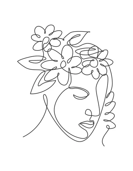 Una Sola Línea Dibujo Cara Abstracta Con Flores Naturales Vector — Vector de stock