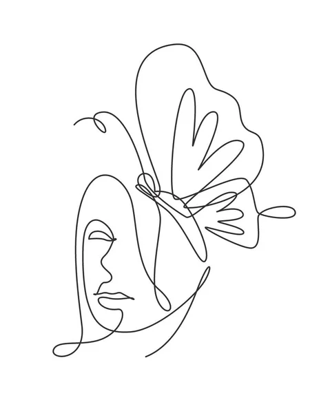 One Single Line Drawing Woman Butterfly Line Art Vector Illustration — Stock Vector