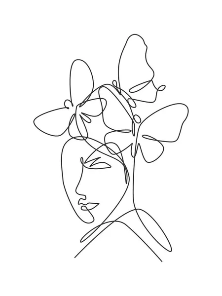 Eine Einzelne Linie Zeichnende Frau Mit Schmetterlingslinien Vektor Illustration Weibliche — Stockvektor