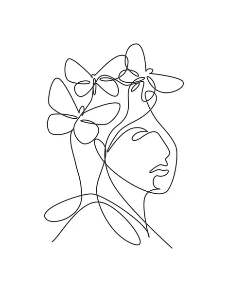 Одна Сплошная Линия Рисующая Сексуальную Женщину Абстрактное Лицо Логотипом Крыльев — стоковый вектор