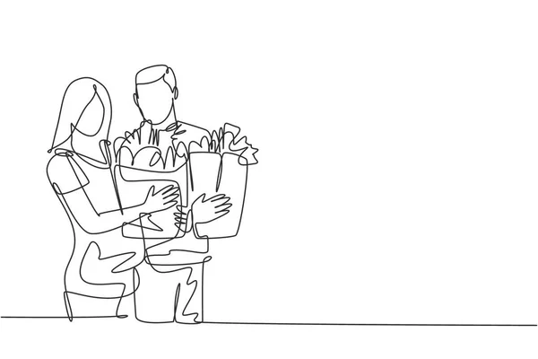 One Single Line Drawing Young Happy Romantic Couple Holding Paper Royalty Free Stock Vectors