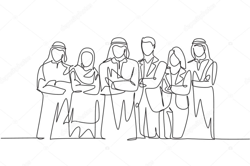 One continuous line drawing group of young muslim and multi ethnic businesspeople line up neatly. Islamic clothing shemag, kandura, scarf, hijab and suit. Single line draw design vector illustration