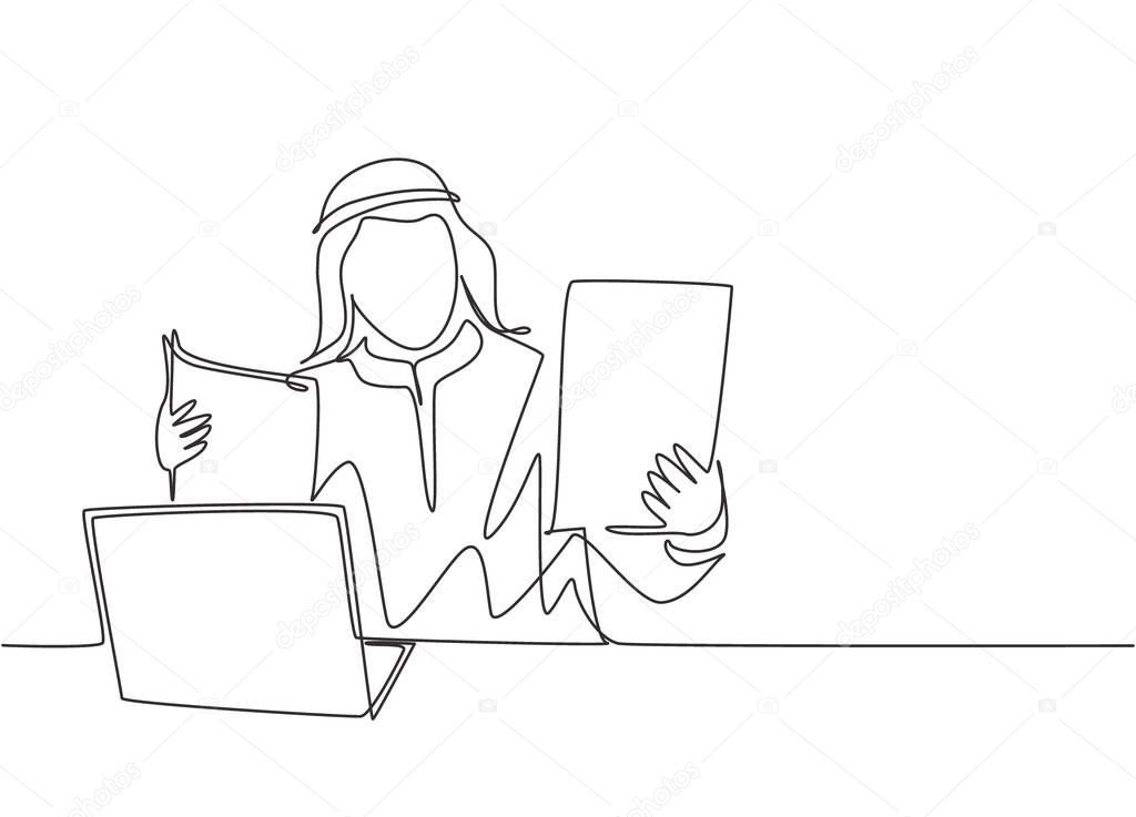 Single continuous line drawing of young male muslim businessman reading contract agreement from colleague. Arab middle east cloth shmagh, kandura, thawb, robe. One line draw design vector illustration