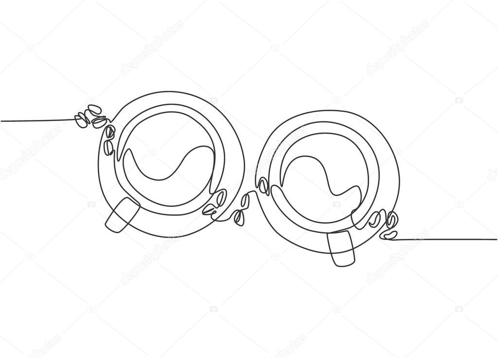 Single continuous line drawing of two cups of coffee with coffee beans and leaf from top view. Coffee drink concept display for coffee shop. One line draw design illustration