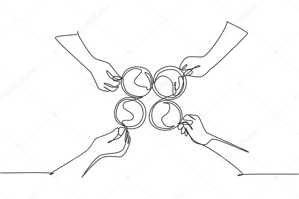 One continuous line drawing of young male and female business people team members hands cheering with glass of coffee from top view. Single line draw design graphic vector illustration