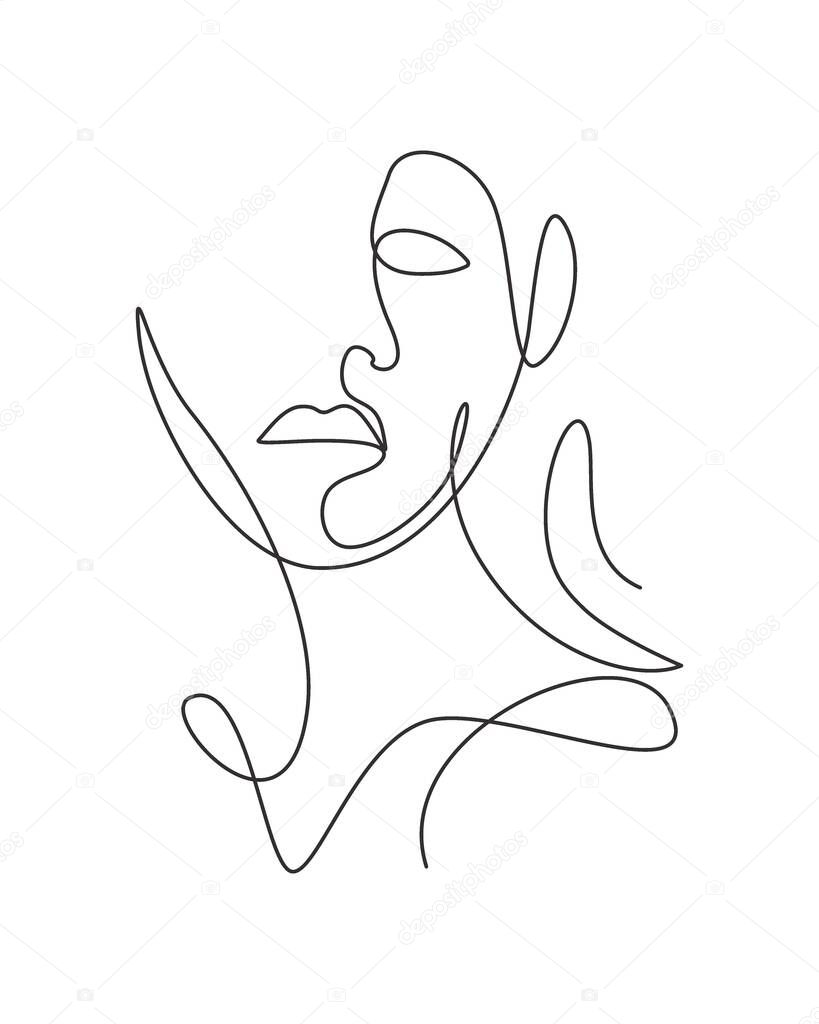 One continuous line drawing sexy beauty woman abstract face minimalist style. Female fashion concept for t-shirt, cosmetic, tote bag print. Dynamic single line draw design graphic vector illustration