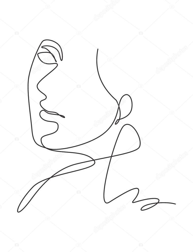 Single continuous line drawing beautiful aesthetic portrait woman abstract face. Pretty sexy model female silhouette minimalist style concept. Trendy one line draw design vector graphic illustration
