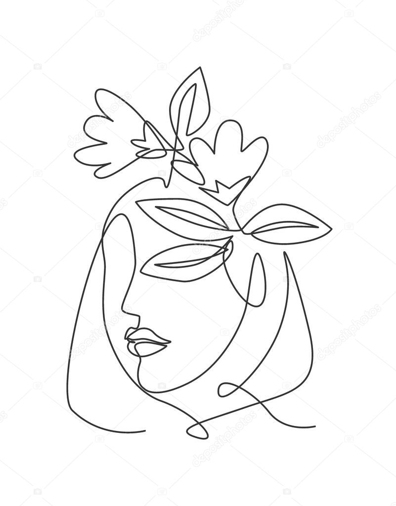 One continuous line art drawing minimalist woman portrait with flowers. Beauty contour abstract face poster wall art print design concept. Dynamic single line draw design graphic vector illustration