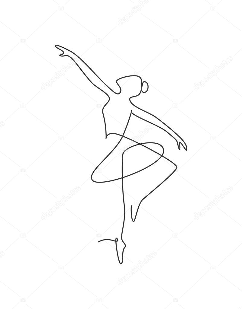 Single continuous line drawing ballerina in ballet motion dance style. Beauty minimalist dancer concept logo, Scandinavian poster print art. Trendy one line draw design graphic vector illustration