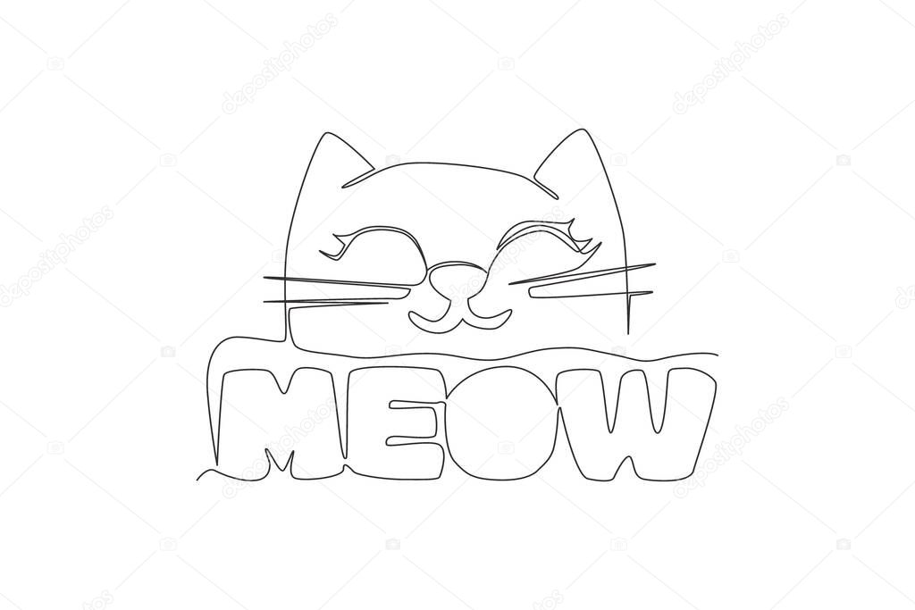 One continuous line drawing of cute and adorable typography animal quote - Meow for kitty kitten cat sound. Calligraphic design for print, card, banner, poster. Single line draw design illustration