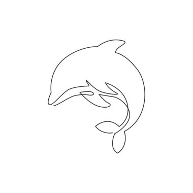 Su altı yaşam akvaryumu logosu kimliği için tek bir sevimli yunus çizgisi. Sirk maskotu için vahşi deniz memelileri konsepti. Bir çizgi çizimi grafik vektör tasarımı illüstrasyonu