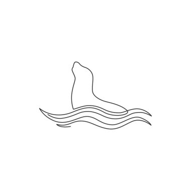 Denizcilik şirketi logosu için sürekli çizilmiş bir vahşi deniz aslanı çizimi. Çevre organizasyonu için sevimli okyanus memelisi hayvan maskotu konsepti. Modern tek çizgi çizimi tasarım vektör çizimi