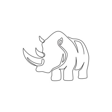 Şirketin logo kimliği için güçlü beyaz gergedanlardan oluşan kesintisiz bir çizgi. Ulusal hayvanat bahçesi safarisi için Afrika gergedanı maskotu konsepti. Tek çizgi çizimi vektör grafik tasarım çizimi