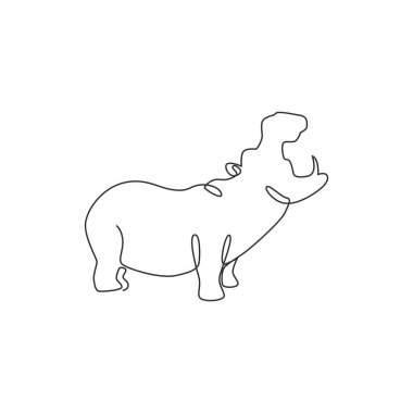 Şirketin logo kimliği için sürekli çizilmiş büyük şirin su aygırları. Ulusal safari hayvanat bahçesi için kocaman vahşi su aygırı hayvan maskotu konsepti. Tek çizgi çizimi grafik vektör tasarımı illüstrasyonu