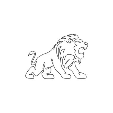 Ormanın kralının sürekli çizdiği bir çizgi, şirket logosu için aslan. Ulusal safari hayvanat bahçesi için güçlü kedi memeli hayvan maskotu kavramı. Tek çizgi çizim tasarım illüstrasyon vektörü