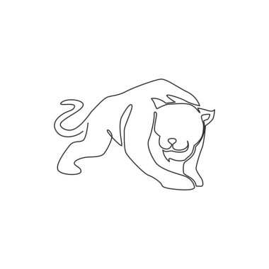 Şirket logosu için tek sıra vahşi leopar çizimi. Ulusal koruma parkı için güçlü bir jaguar memeli hayvan maskotu konsepti. Devamlı çizgi vektör çizim tasarımı çizimi çizimi