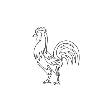 Kümes hayvanları ticari logo kimliği için sağlam bir horoz çizgisi. Organik et ikonu için tavuk maskotu kavramı. Dinamik tek çizgi vektör çizim tasarımı illüstrasyonu