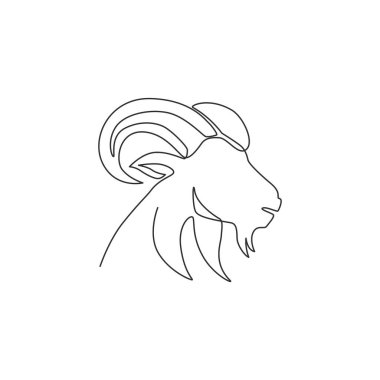 Stok üretimi logosu için komik bir keçi kafası çizimi. Hayvancılık ikonu için kuzu maskotu amblemi. Dinamik sürekli çizgi çizimi tasarım vektör çizimi grafiği
