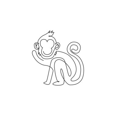 Ulusal hayvanat bahçesi logosu kimliği için sürekli şirin yürüyen maymun çizimi. Sirk gösterisi ikonu için sevimli primat hayvan maskotu konsepti. Bir çizgi çizimi tasarım vektörü grafik çizimi