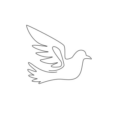Logo kimliği için uçan güvercin kuşunun sürekli çizdiği tek çizgi. Özgürlük ve barış hareketi ikonu için sevimli güvercin maskotu konsepti. Bir satır grafiksel tasarım vektörü çizimi