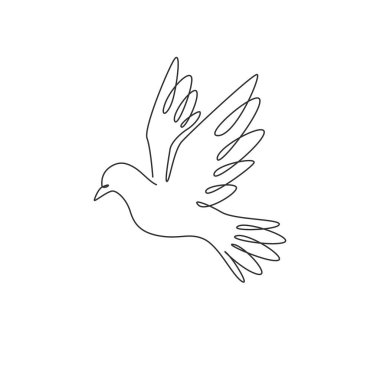 Logo kimliği için uçan güvercin kuşunun sürekli çizdiği tek çizgi. Özgürlük ve barış hareketi ikonu için sevimli güvercin maskotu konsepti. Modern bir çizgi çizimi tasarım vektörü grafik çizimi