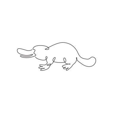 Logo kimliği için komik sevimli ornitorenk çizimleri. Ulusal hayvanat bahçesi ikonu için Tazmanya memeli hayvan maskotu konsepti. Modern bir çizgi çizimi grafik tasarım vektörü çizimi