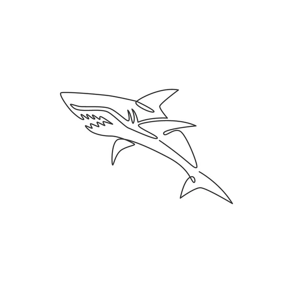 自然冒険会社のロゴアイデンティティのための積極的なサメの単連続線画 安全な海洋組織のマスコットのための野生の魚の動物の概念 1線画のデザインイラスト — ストックベクタ