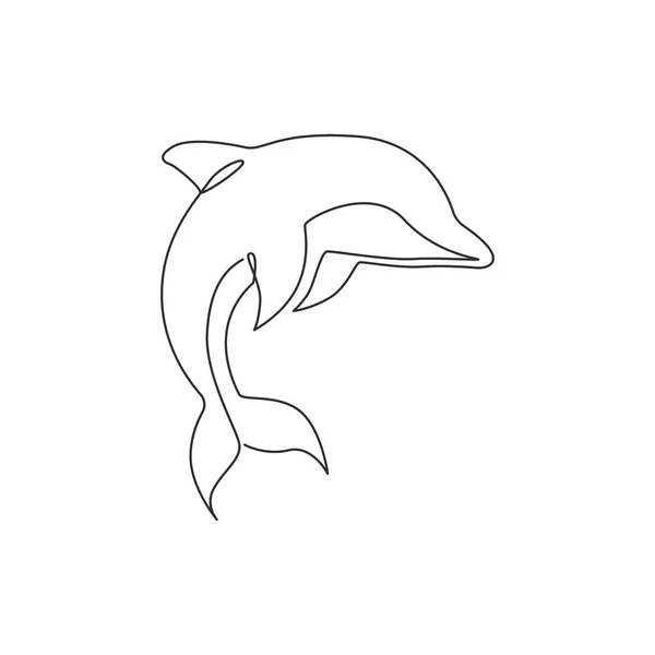 Egy Folyamatos Vonal Rajz Barátságos Aranyos Delfin Akvárium Logó Identitás — Stock Vector