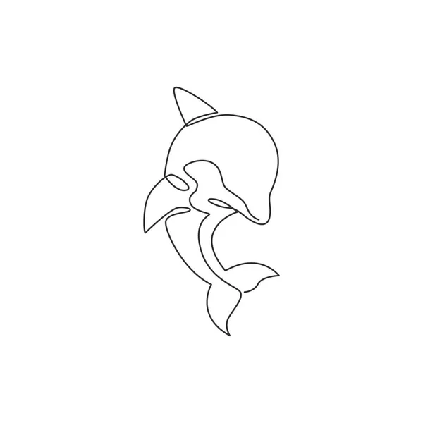 Одна Сплошная Линия Рисунка Дружелюбного Симпатичного Дельфина Аквариума Рыб Логотипом — стоковый вектор
