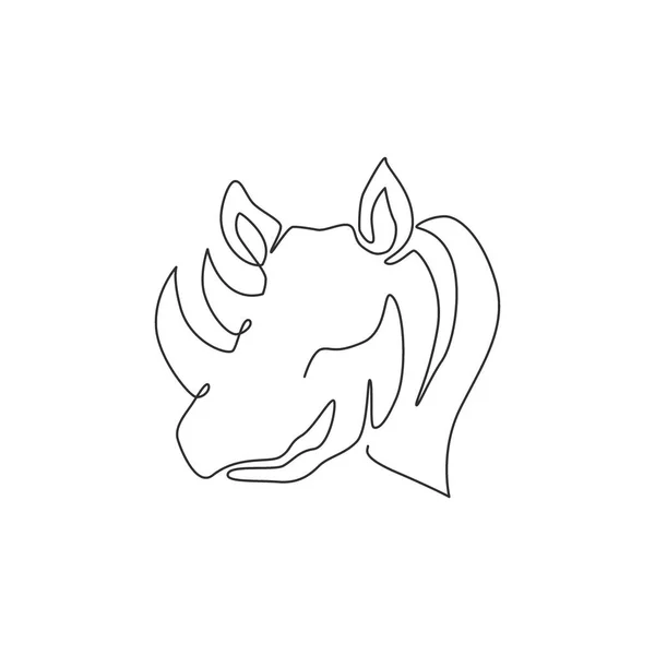 一根线条画的浓郁犀牛头去保护国家公园的标志标识 非洲犀牛动物吉祥物的概念为国家动物园旅游 连续线条绘图设计图 — 图库矢量图片