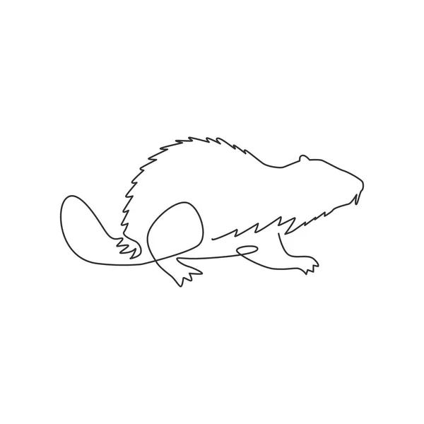 One Single Line Drawing Funny Beaver Logo Identity Adorable Funny — Stock Vector