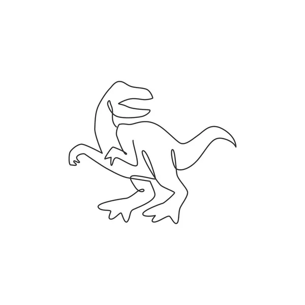 ロゴのアイデンティティのための積極的なベロシレーターの単一連続線画 恐竜テーマパークのアイコンのための先史時代の動物マスコットの概念 グラフィックデザインベクトル図を描く1行 — ストックベクタ
