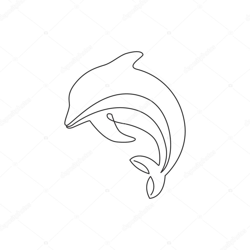One continuous line drawing of friendly cute dolphin for fish tank aquarium logo identity. Happy mammal animal concept for company mascot. Modern single line draw vector graphic design illustration